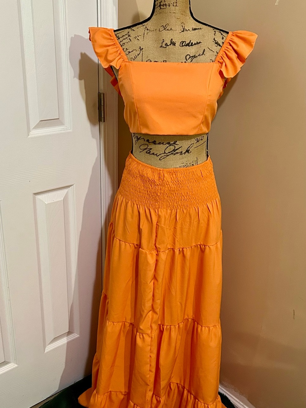 Women’s Orange 2 piece cropped top and Smocked Waist Tiered Maxi Skirt